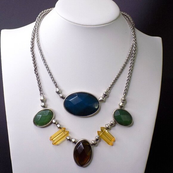 Lucky Brand Quartz Necklace Silver Tone Teal Amber Colored Two Row Reversible - Picture 1 of 9